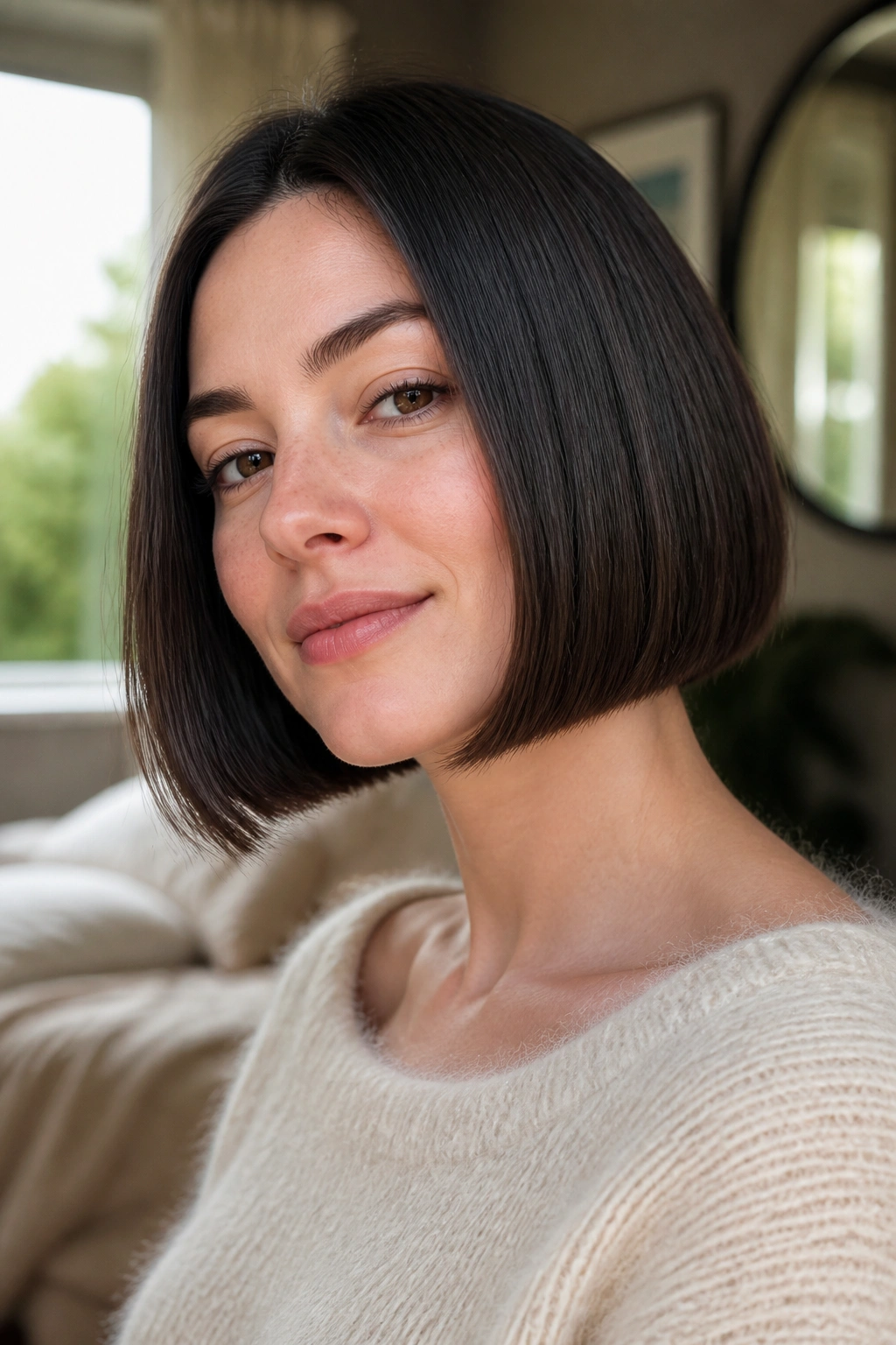 Close-up of a real woman with a blunt chin-length bob and straight hem