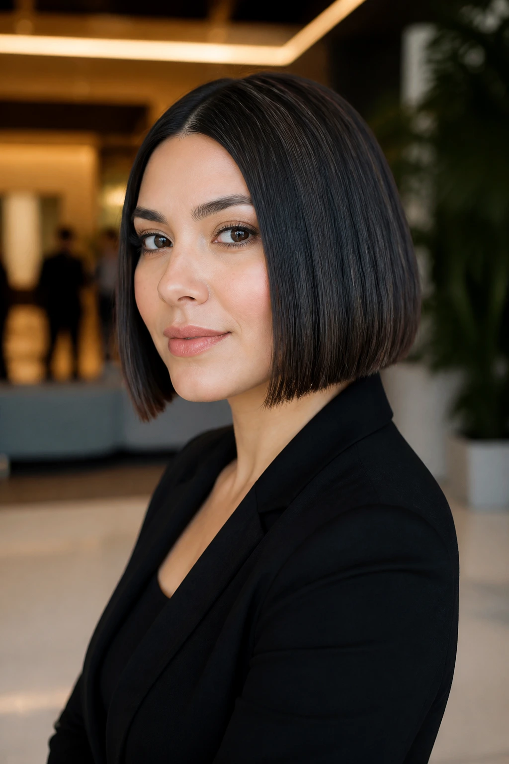 Close-up of a woman with a blunt chin-length bob in an office lobby