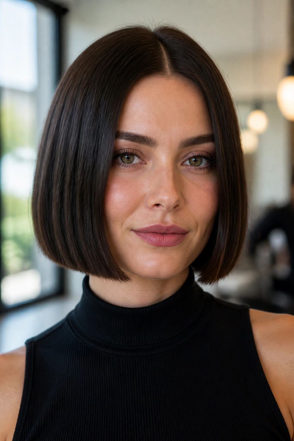 Close-up portrait of a real woman with blunt chin-length bob and center part.