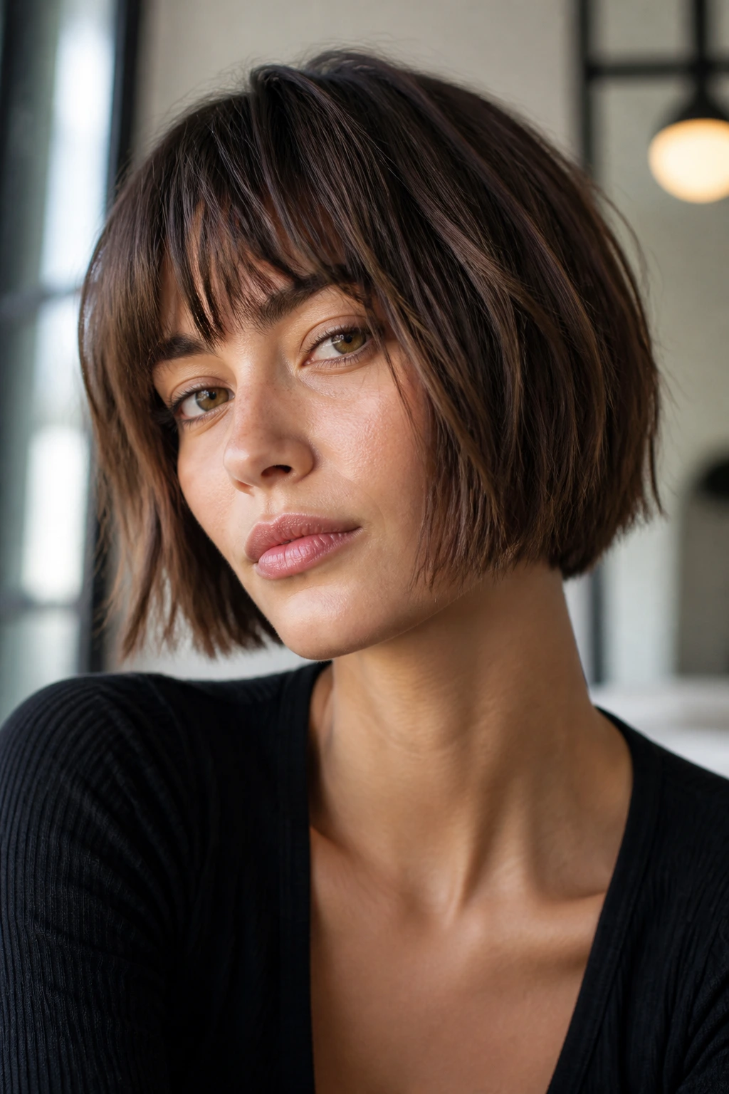 Close-up of a real woman with a blunt cut choppy bob