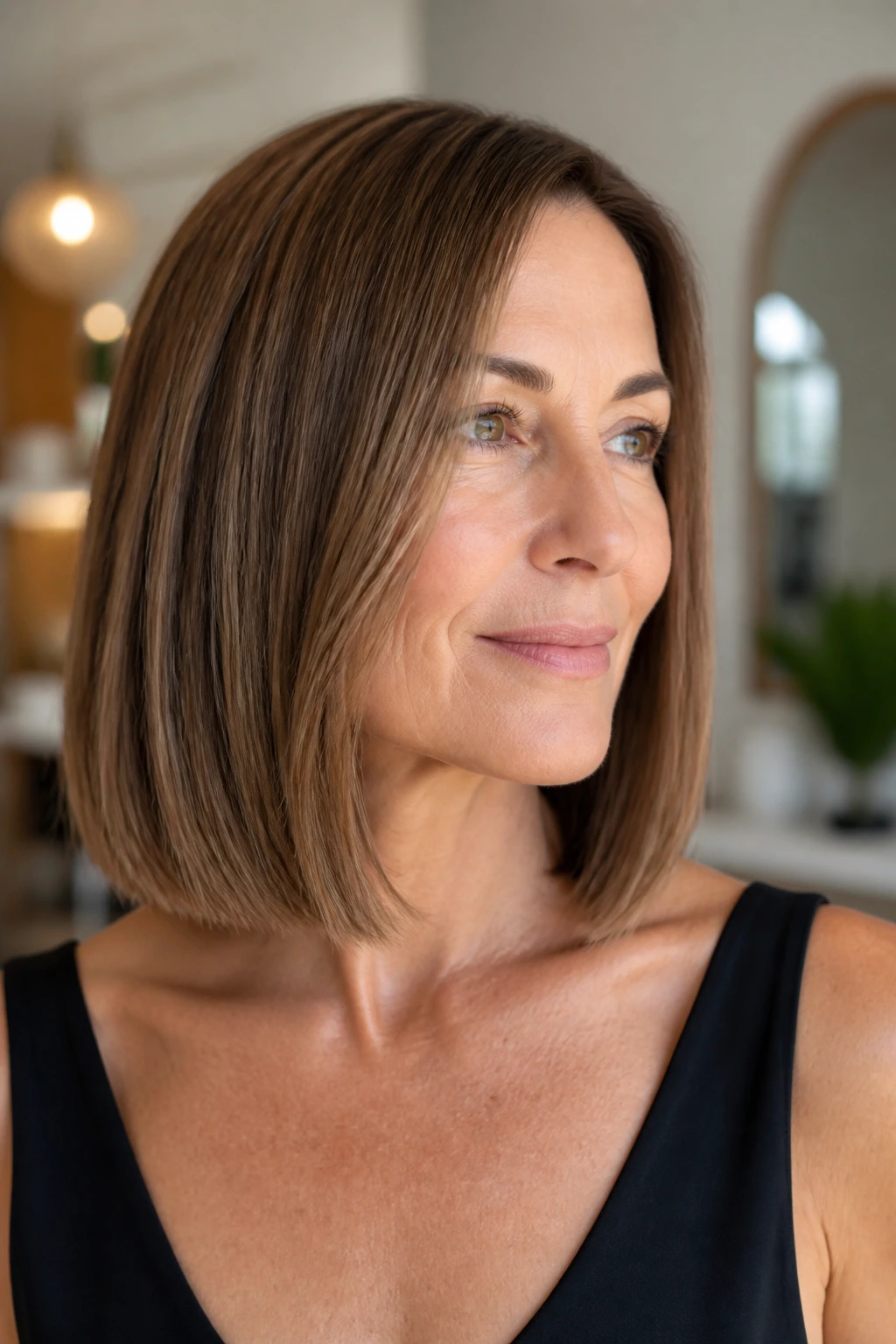 Blunt Collarbone Bob: close-up of a real woman with a blunt collarbone-length cut