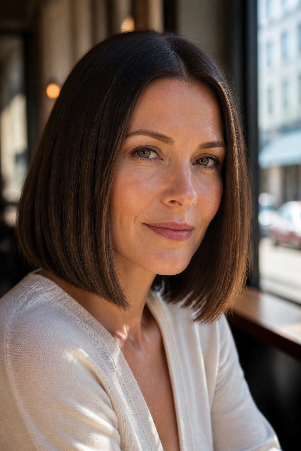 Real woman with blunt collarbone-length bob and crisp straight edge.