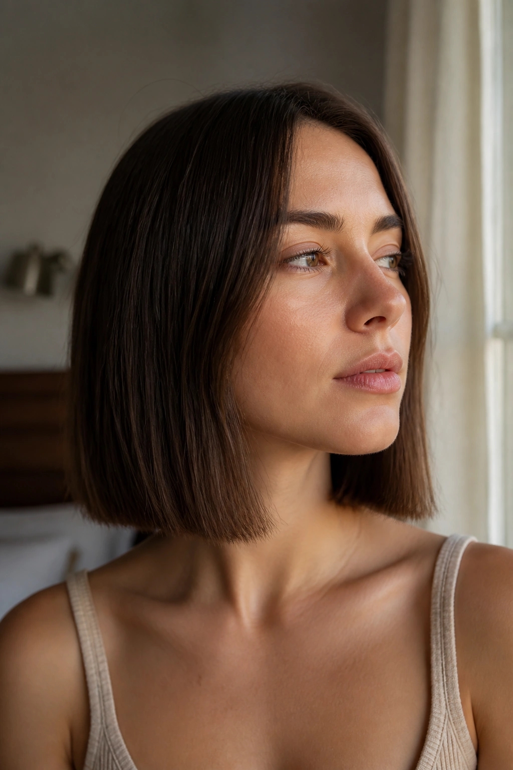 Close-up of a real woman with a blunt collarbone bob under natural window light