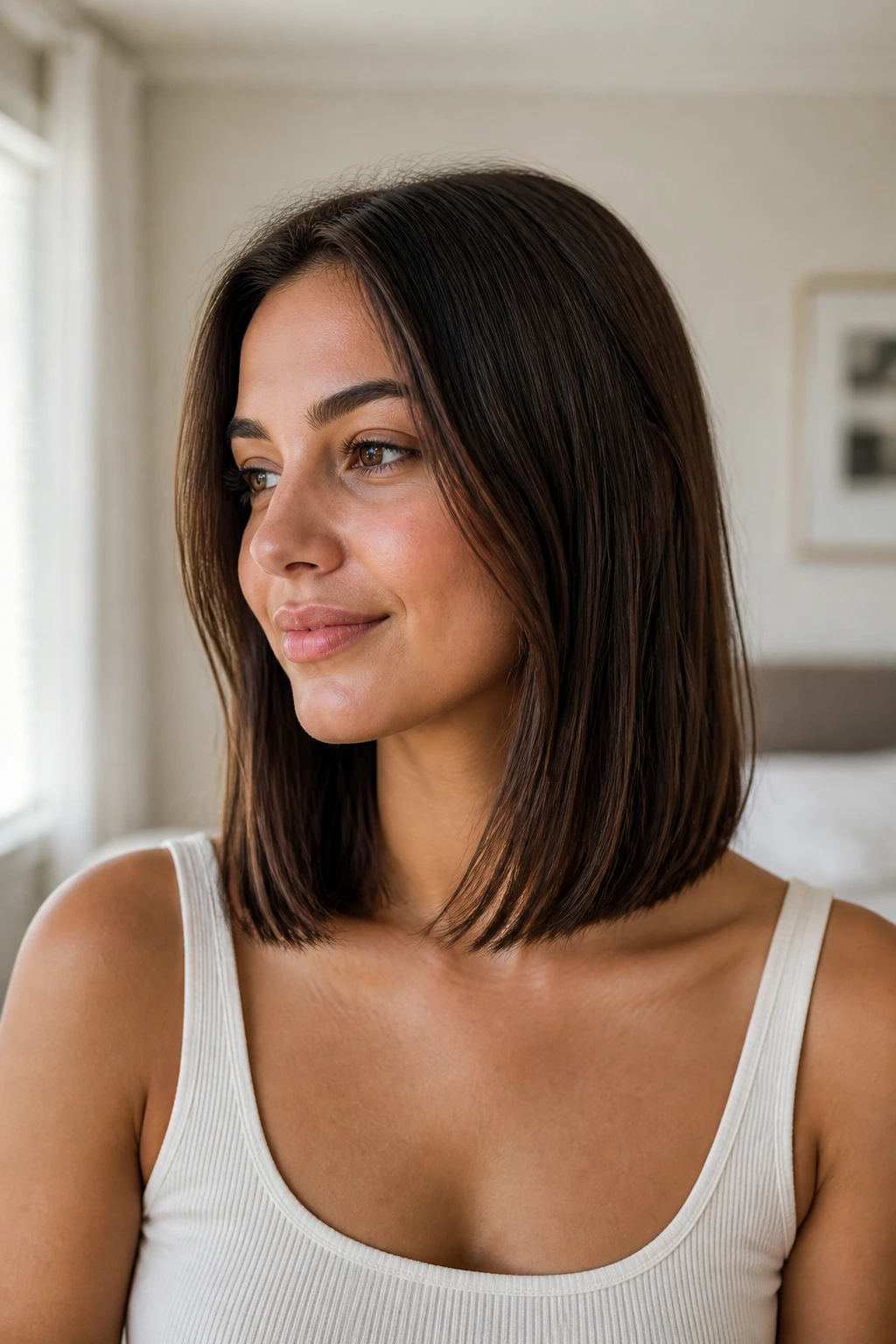 Close-up portrait of a real woman with a blunt collarbone cut, natural window light