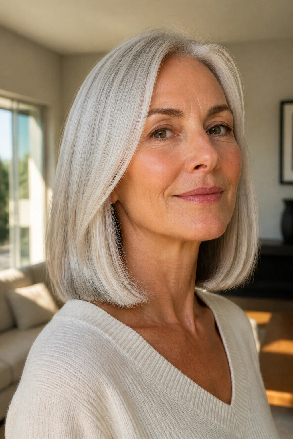 Close-up portrait of a real woman with blunt collarbone-length cut and crisp ends, silver hair.