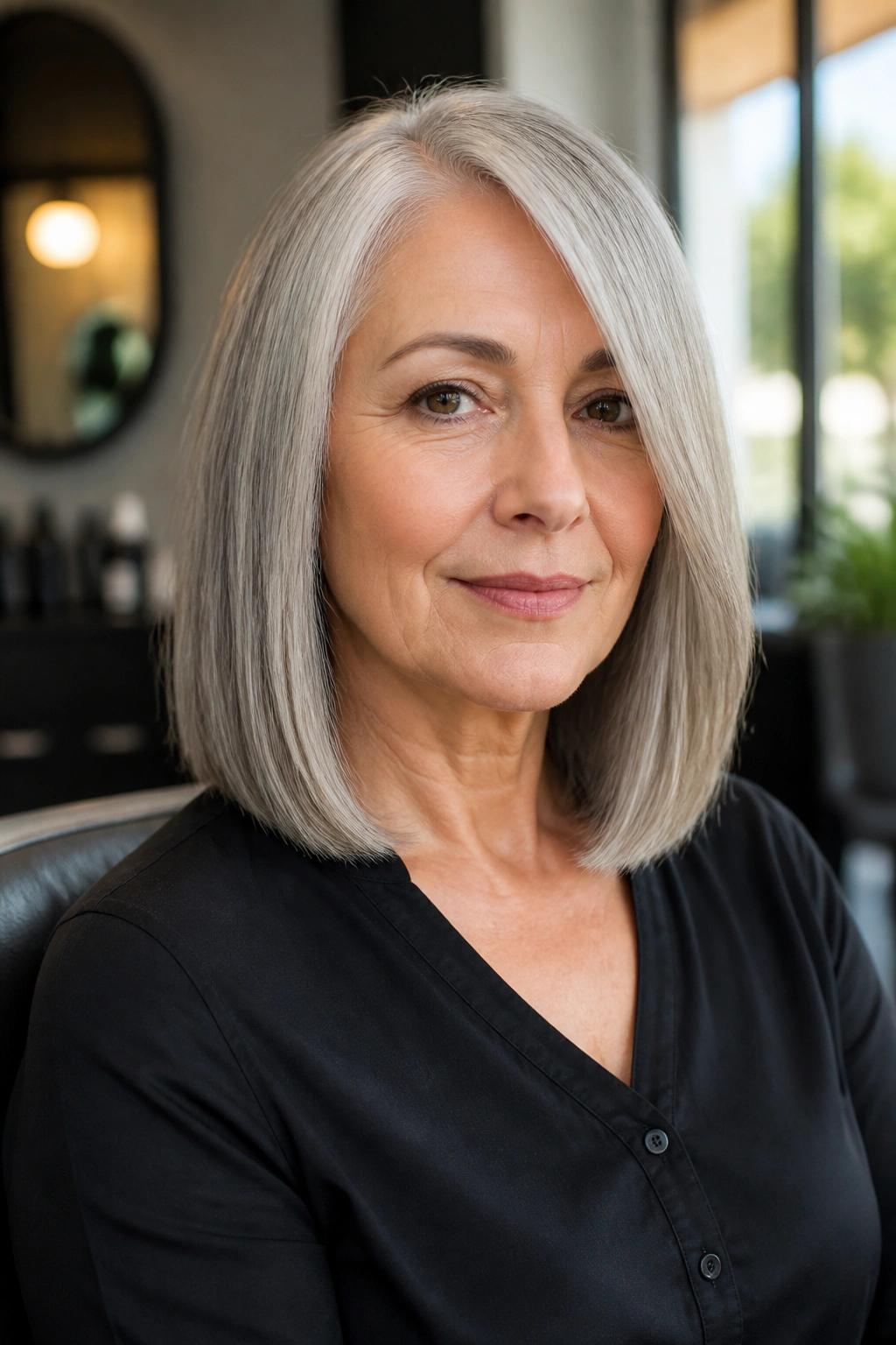 Close-up portrait of a real woman with blunt collarbone cut and gray hair