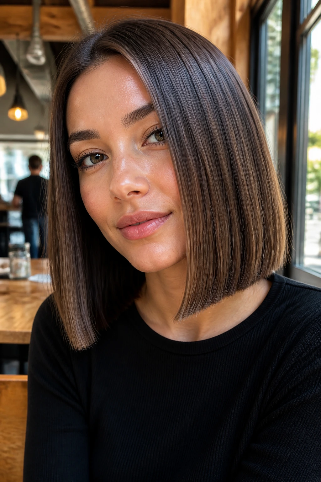 Close-up of a real woman with a blunt collarbone-length lob and blunt ends.