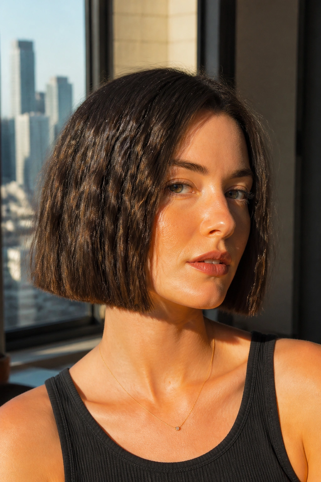 Close-up portrait of a real woman with a glossy blunt-ended crinkle cut bob in warm window light