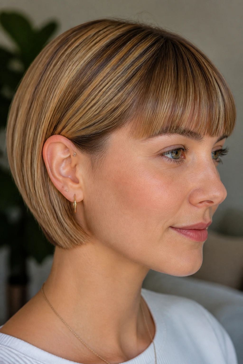 Blunt crop with beige-gold caramel highlights