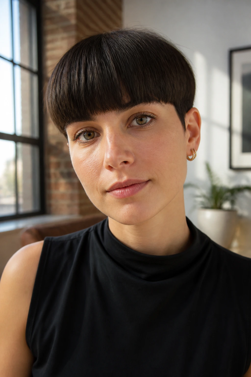 Close-up portrait of a real person with blunt crop and full fringe