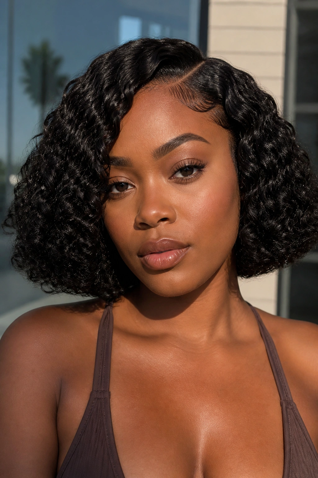 Real woman with blunt-cut curly bob and softly feathered ends.