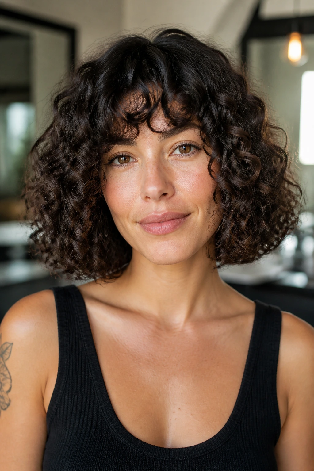 Close-up portrait of a real person with a blunt curly bob, crisp ends and defined curls