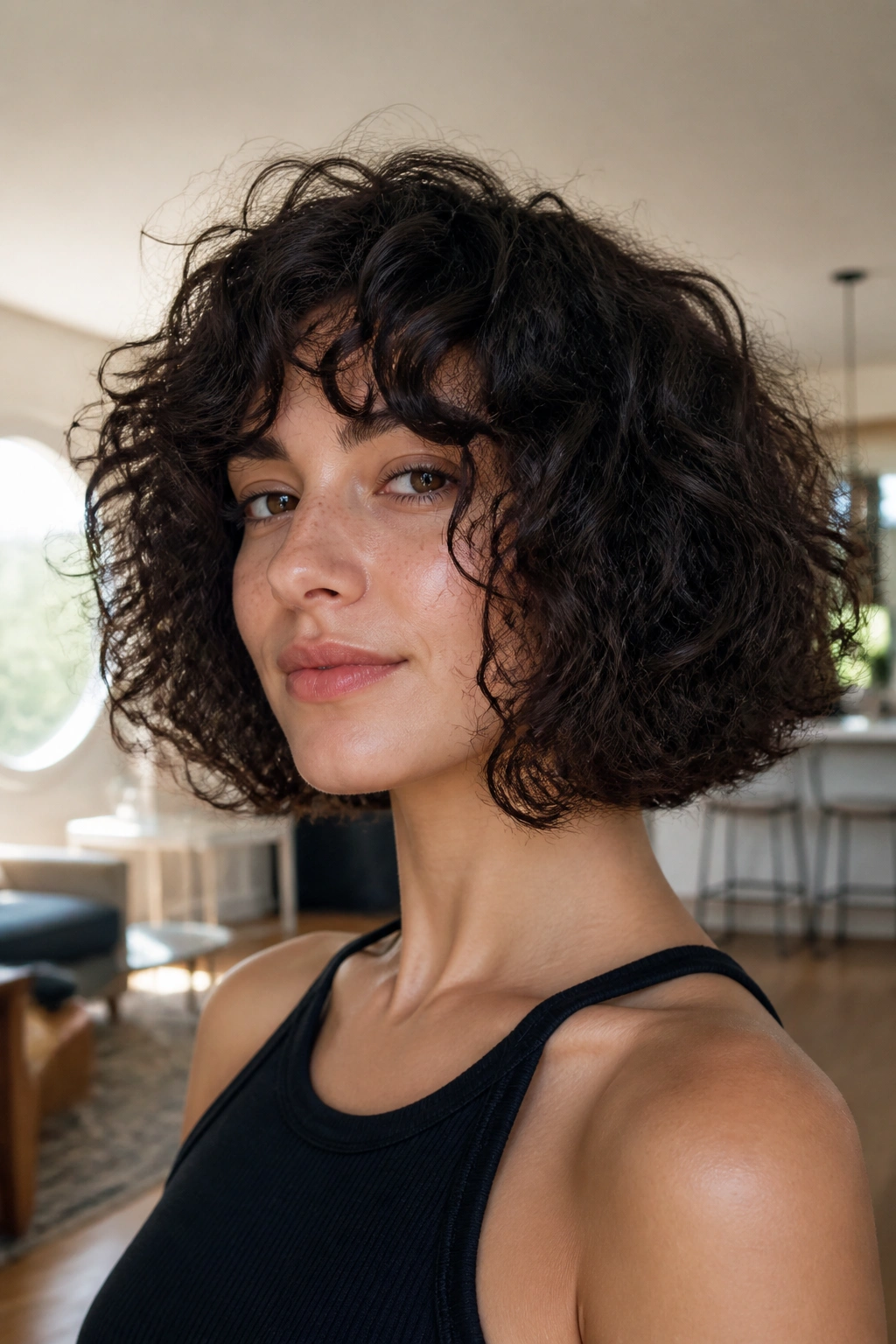 Real woman with blunt curly bob showing interior debulking.