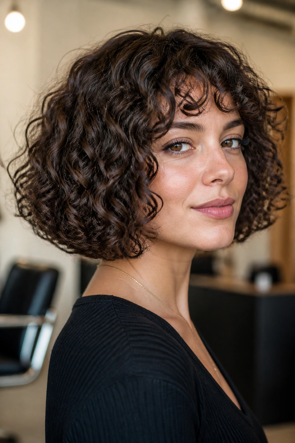 Close-up of a real woman with a crisp blunt curly bob and defined perimeter