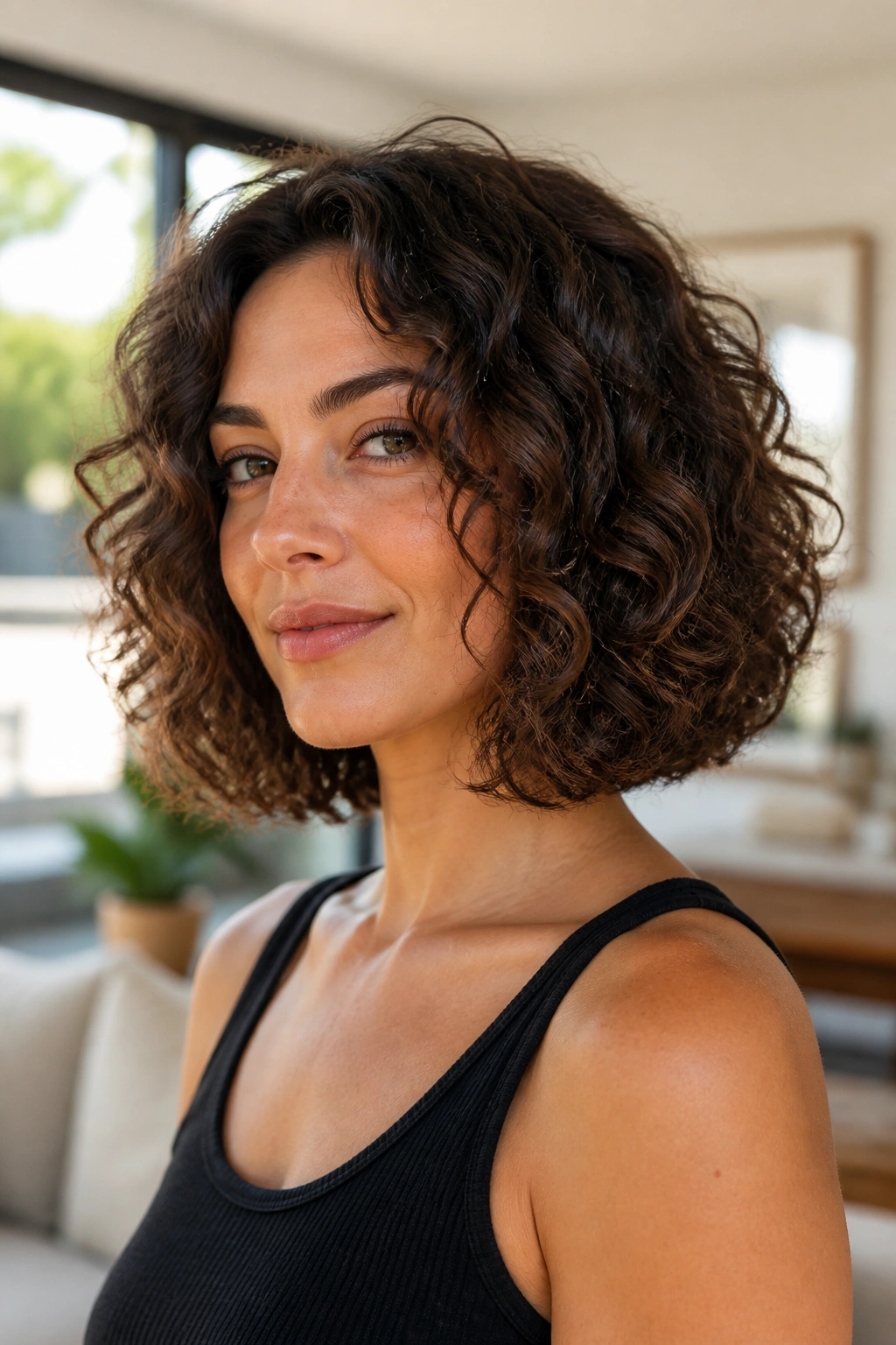 Blunt curly lob with crisp ends on a real woman in bright daylight