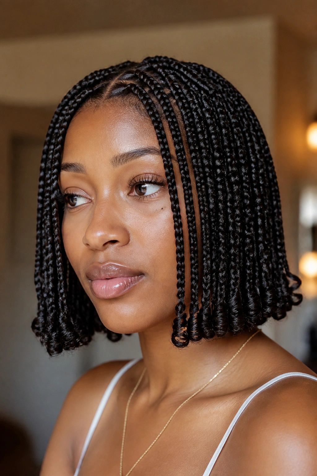 Close-up of a real woman with blunt-cut bob and curled tips