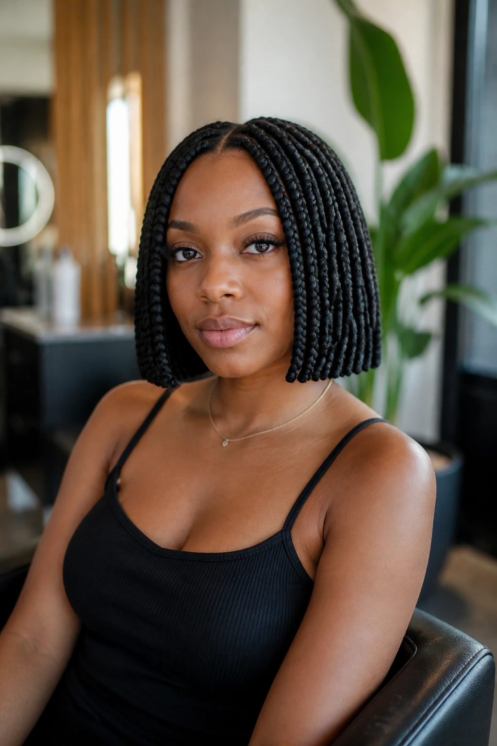 Portrait of a real woman with a blunt cut braided bob at jaw length