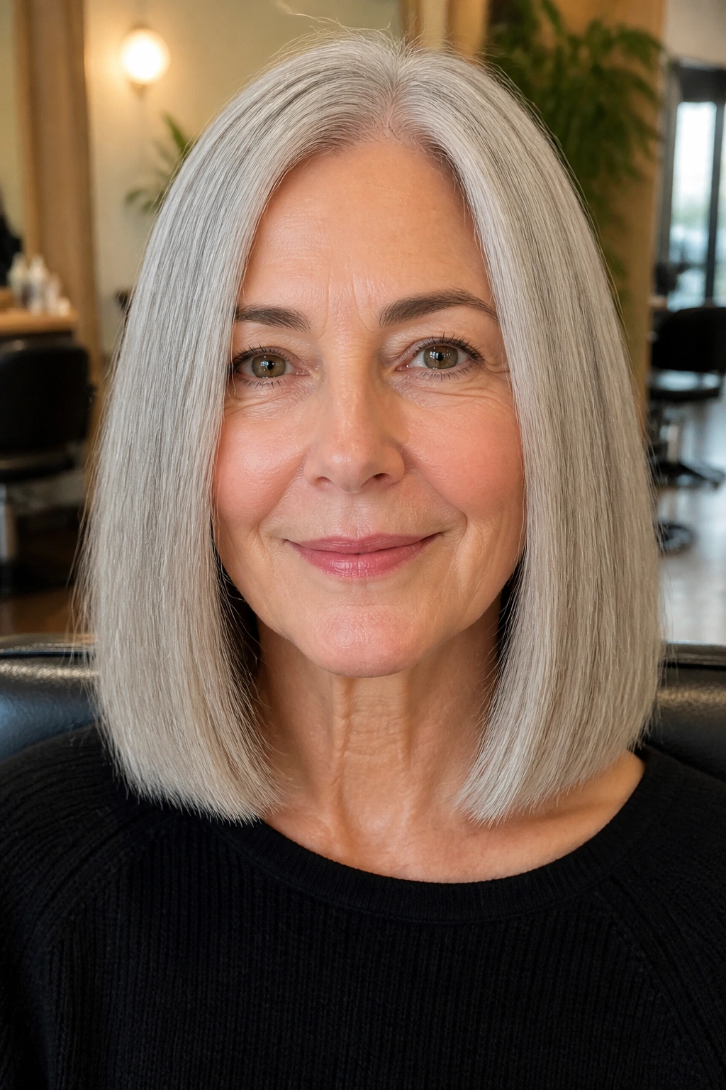 Close-up of a mature woman with blunt collarbone-length grey hair