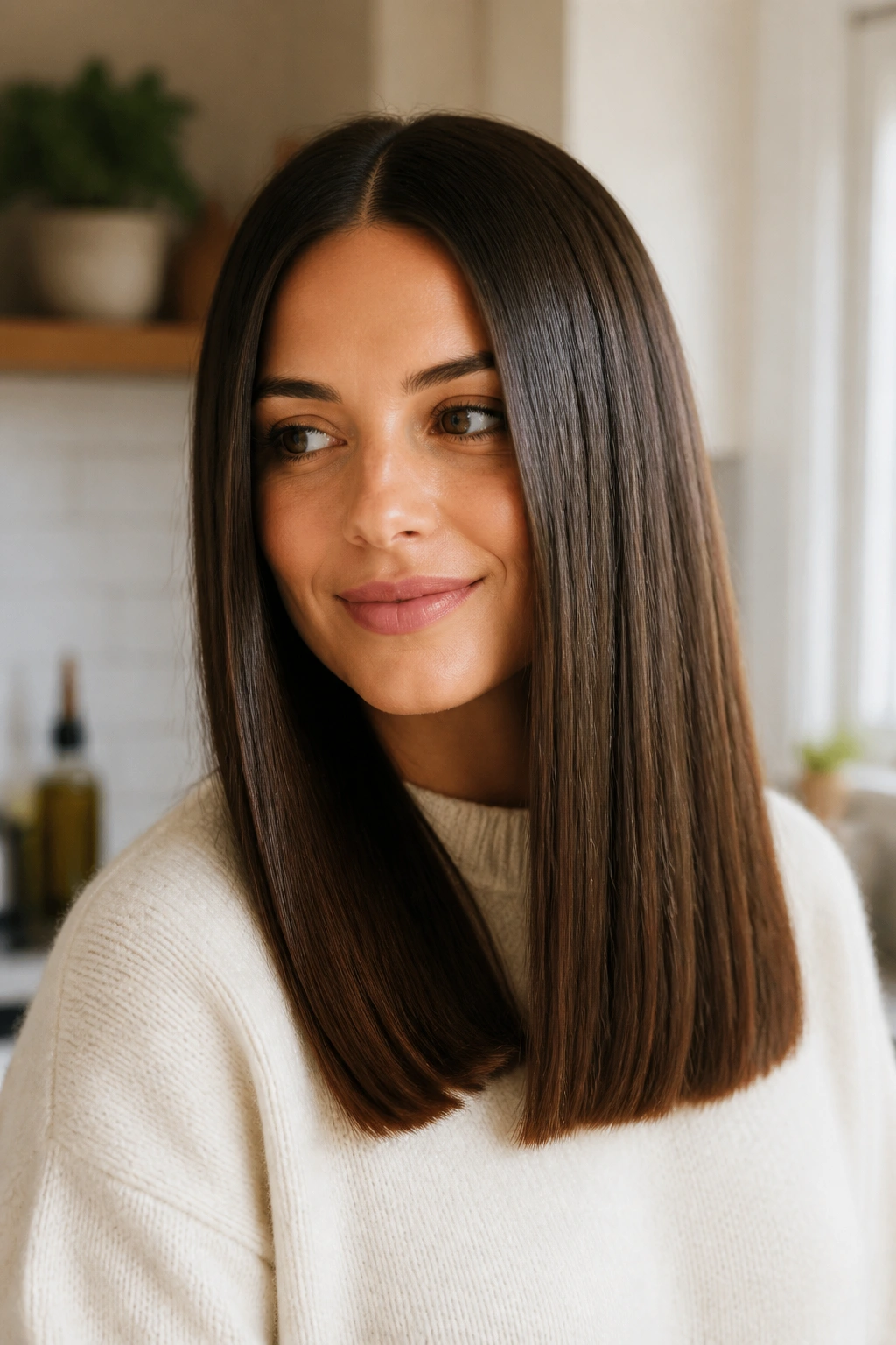 Close-up portrait of a real woman with blunt length and center part