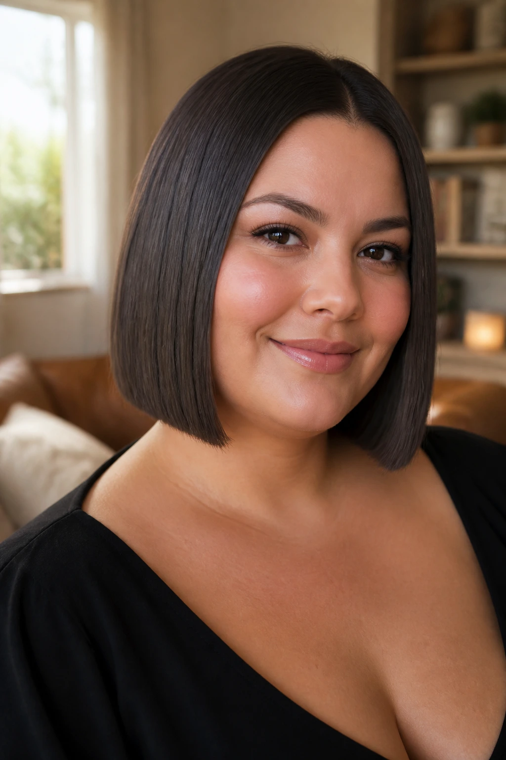 Close-up portrait of a real woman with a sleek blunt cut at the jaw.