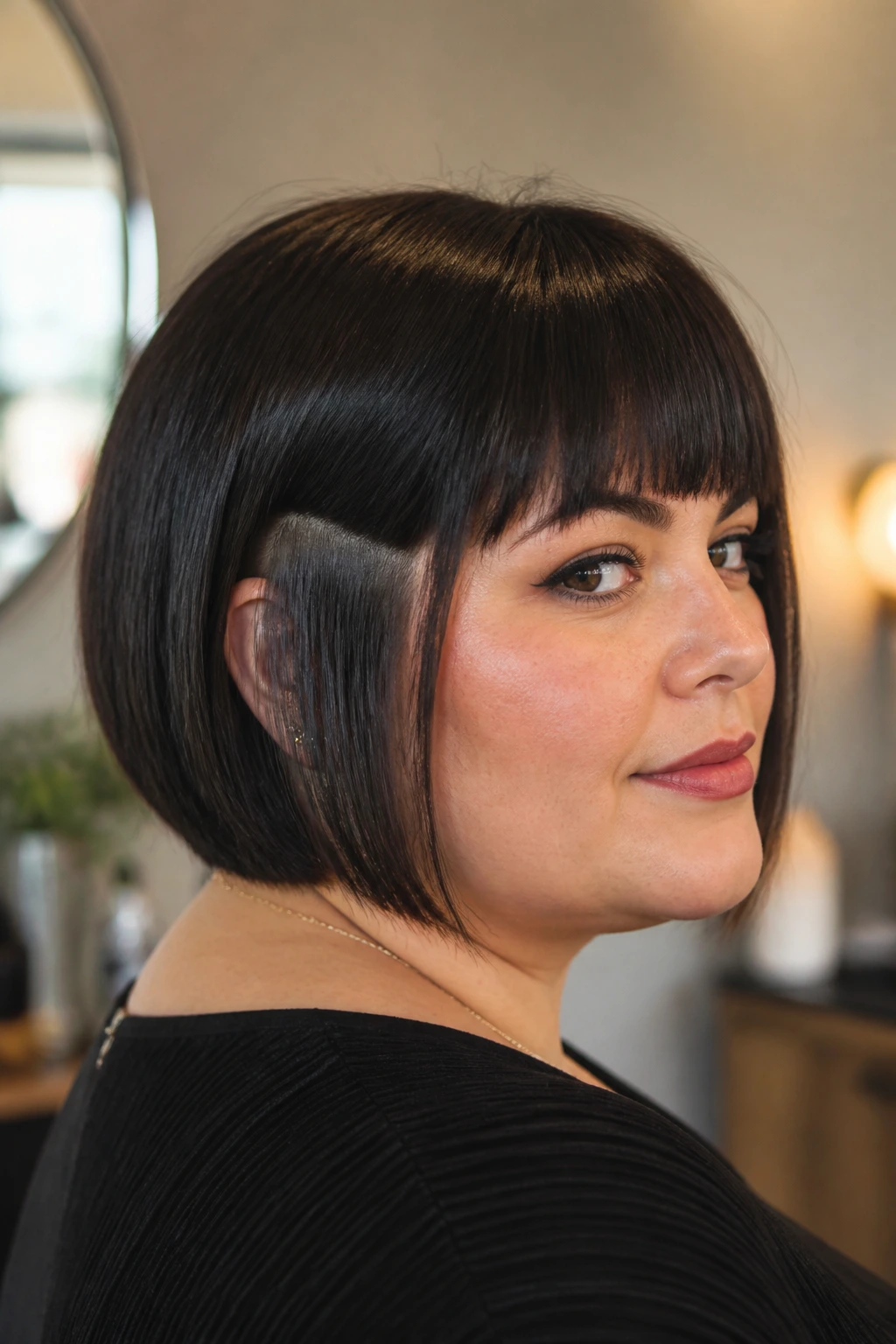 Close-up portrait of a real woman with a blunt-cut hairstyle featuring a hidden undercut, natural window light.