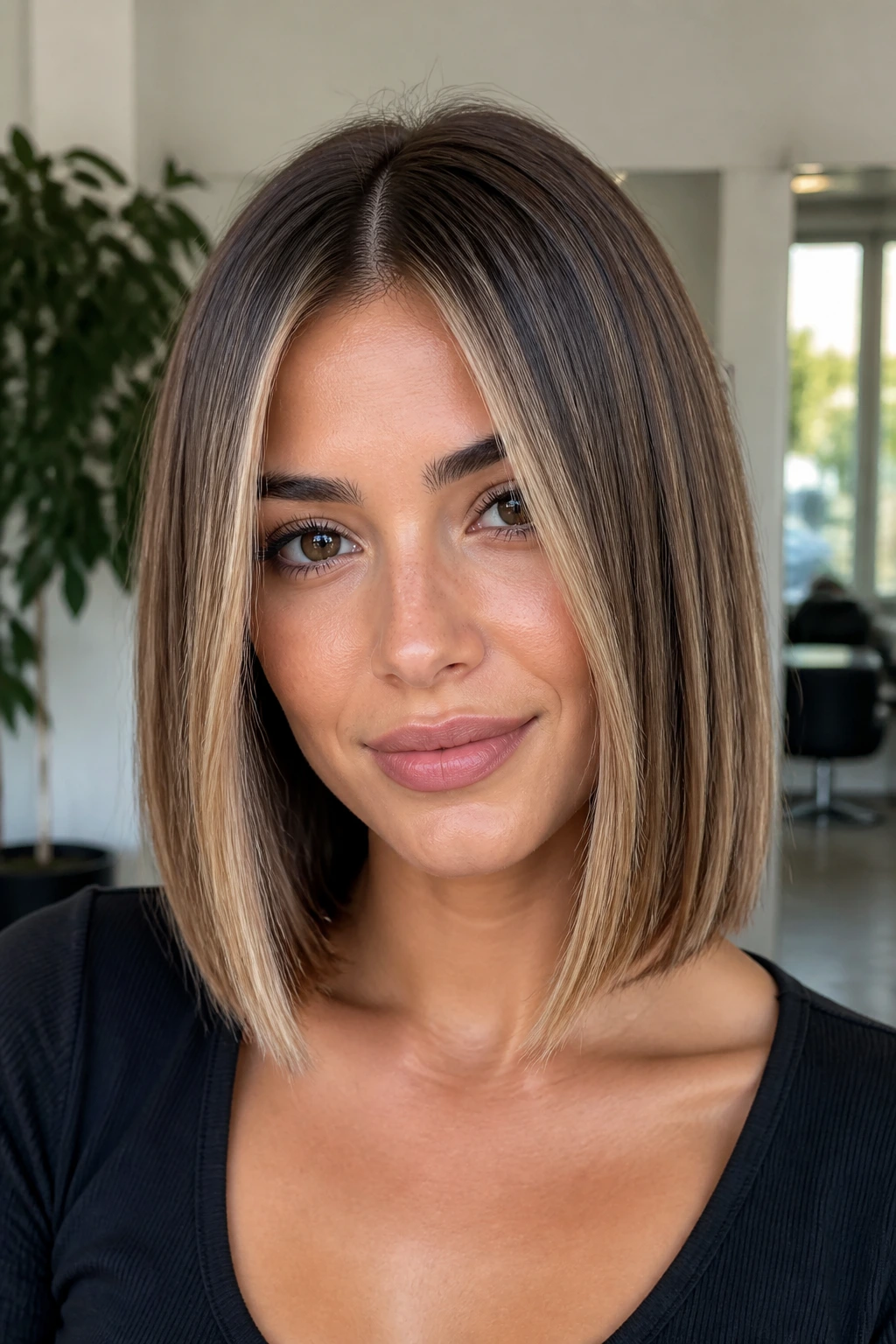 Portrait of a woman with blunt lob and face-framing highlights
