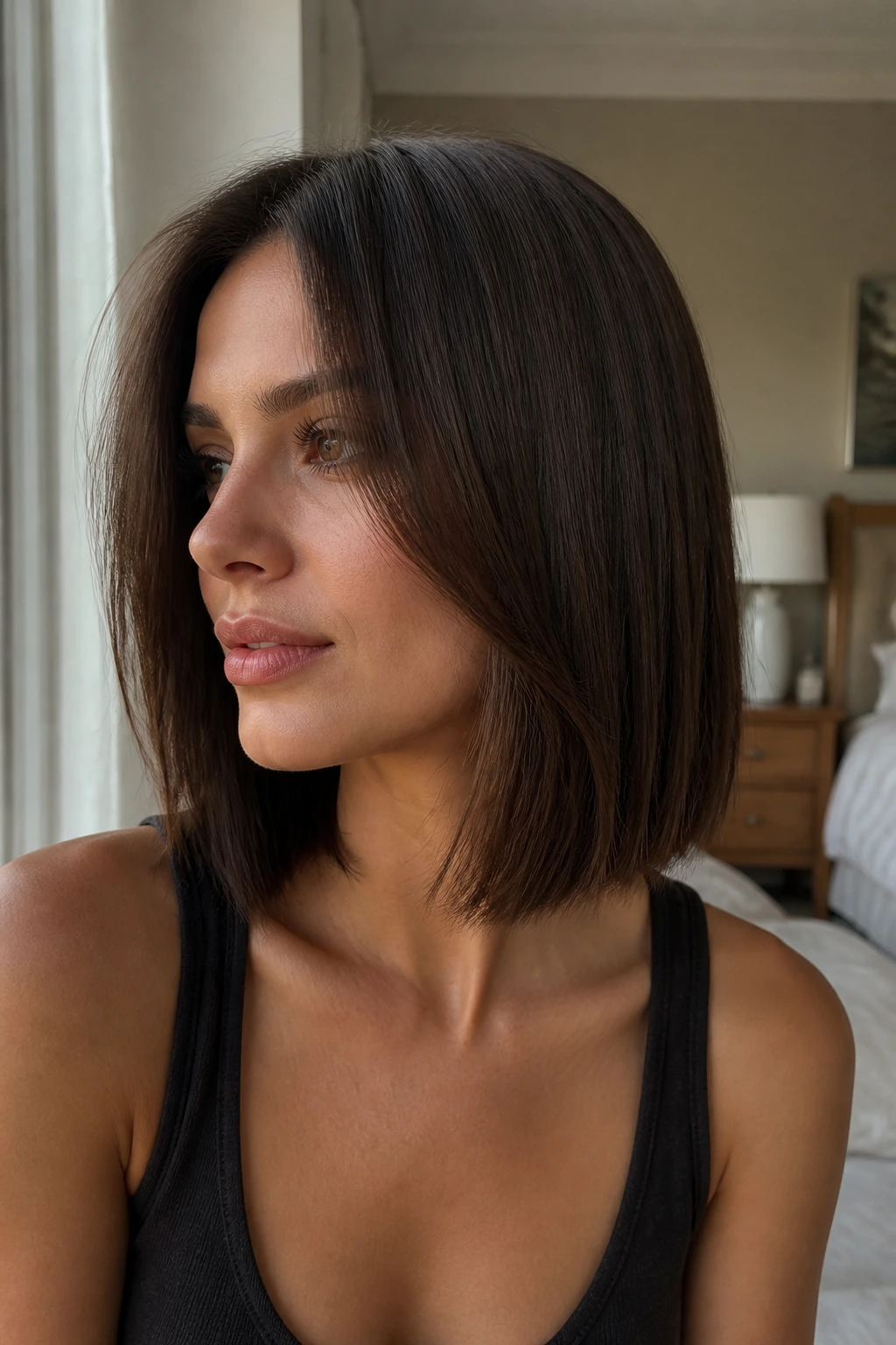 Close-up of a real woman with a sleek blunt cut and invisible interior layers in warm natural light
