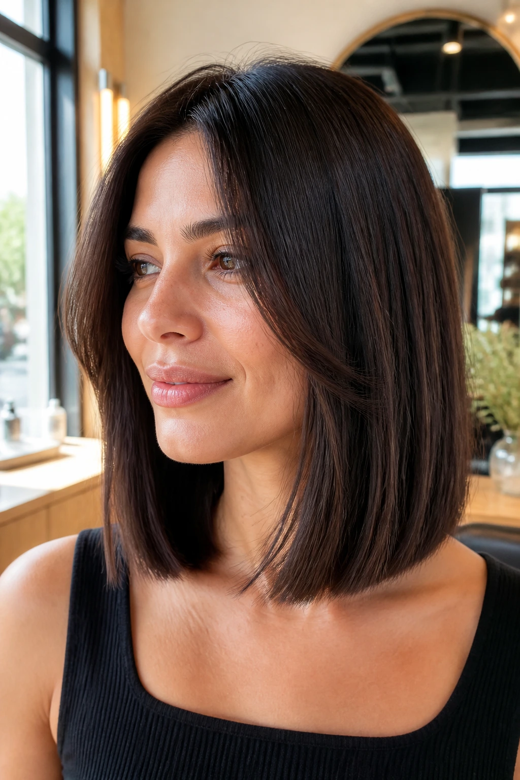 Close-up of a real woman with blunt cut and micro-layers for a neat, lightweight lob.