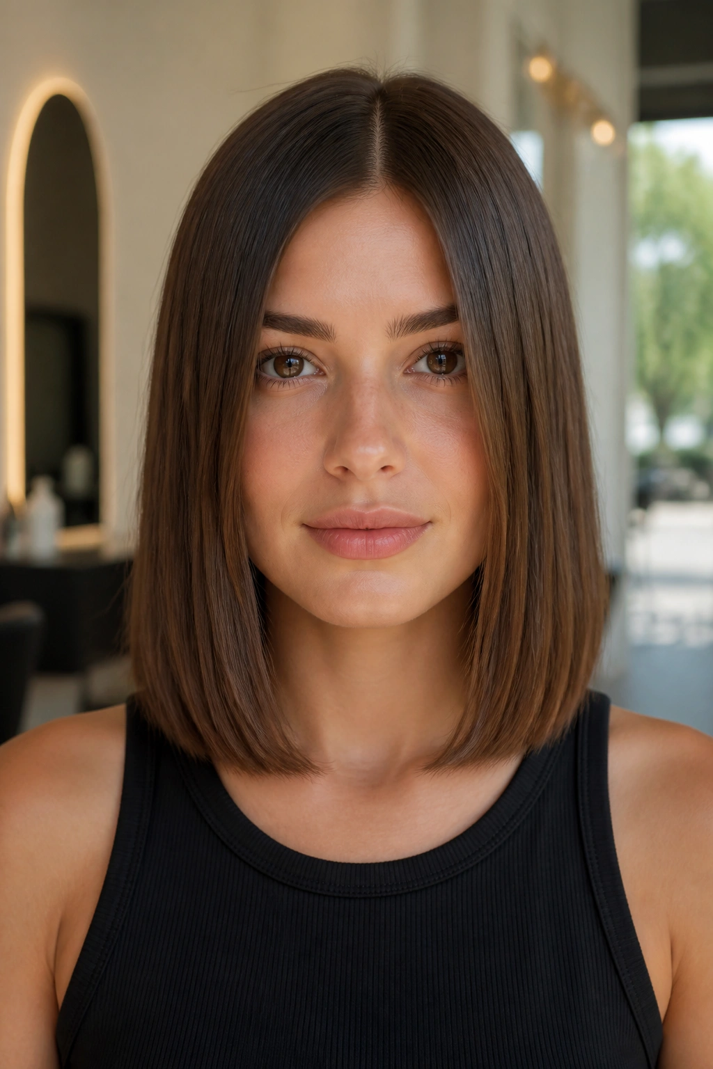 Close-up of a real woman with a mid-length blunt cut at collarbone level