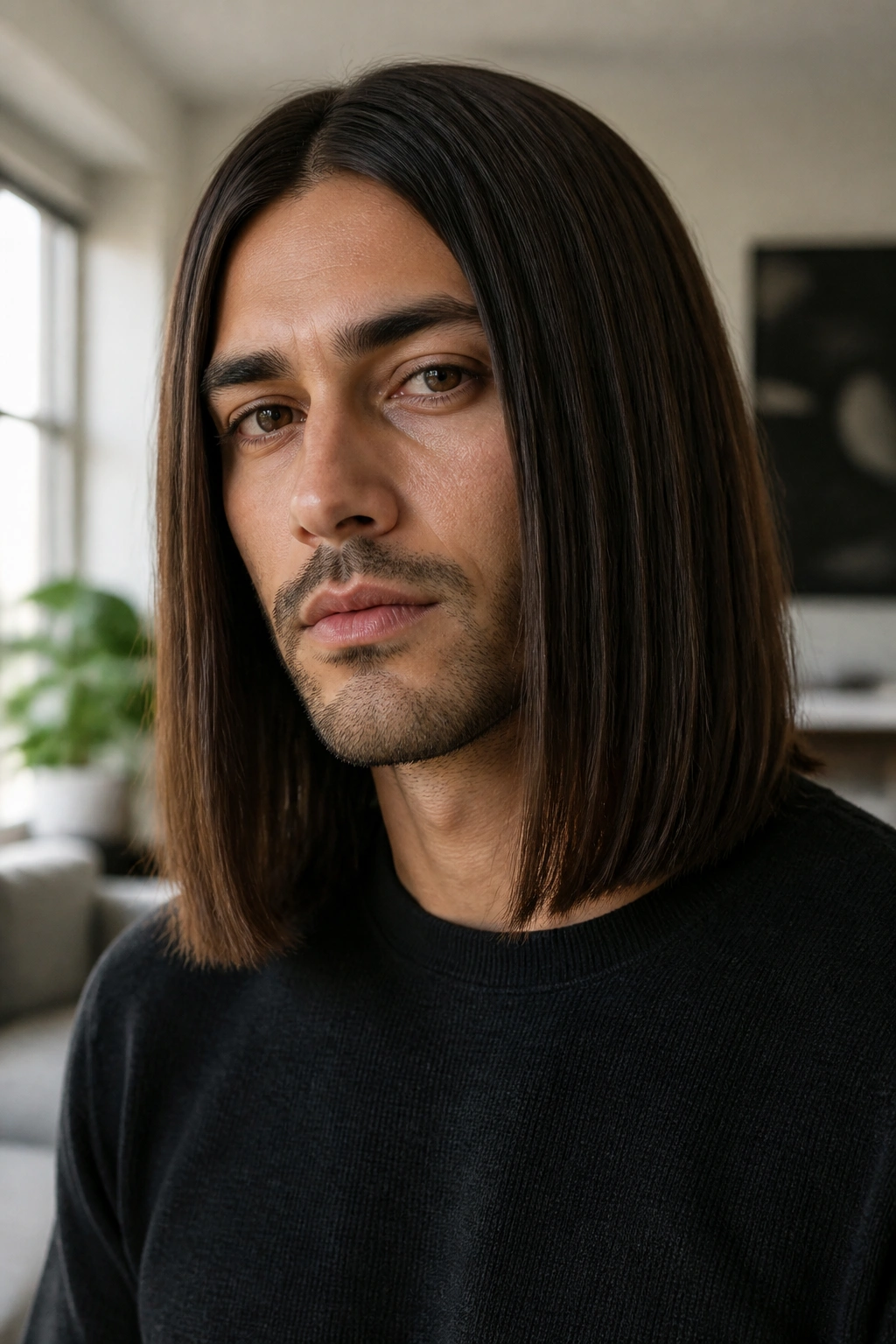 Close-up portrait of a man with blunt shoulder-length haircut in natural light