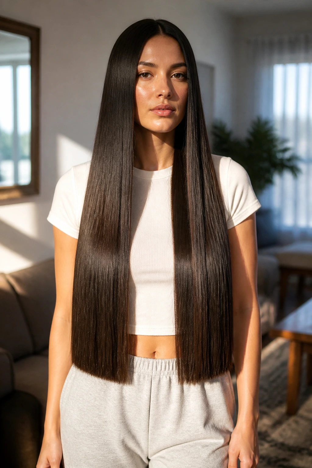 Close-up portrait of a woman with a blunt waist-length straight cut, thick hair and crisp bottom edge.