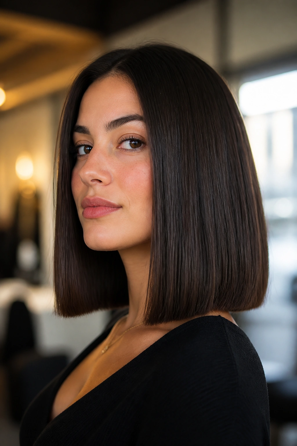 Close-up of a real woman with a blunt shoulder-length cut and thick hair showing a solid perimeter line.