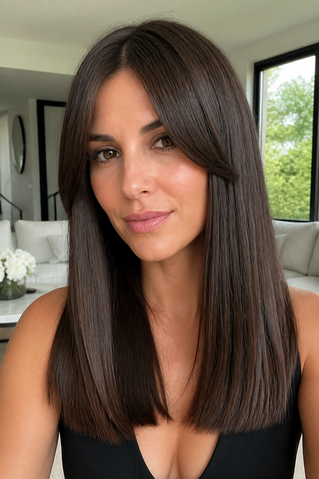 Real woman with long blunt cut and tiny front layers on brunette hair.