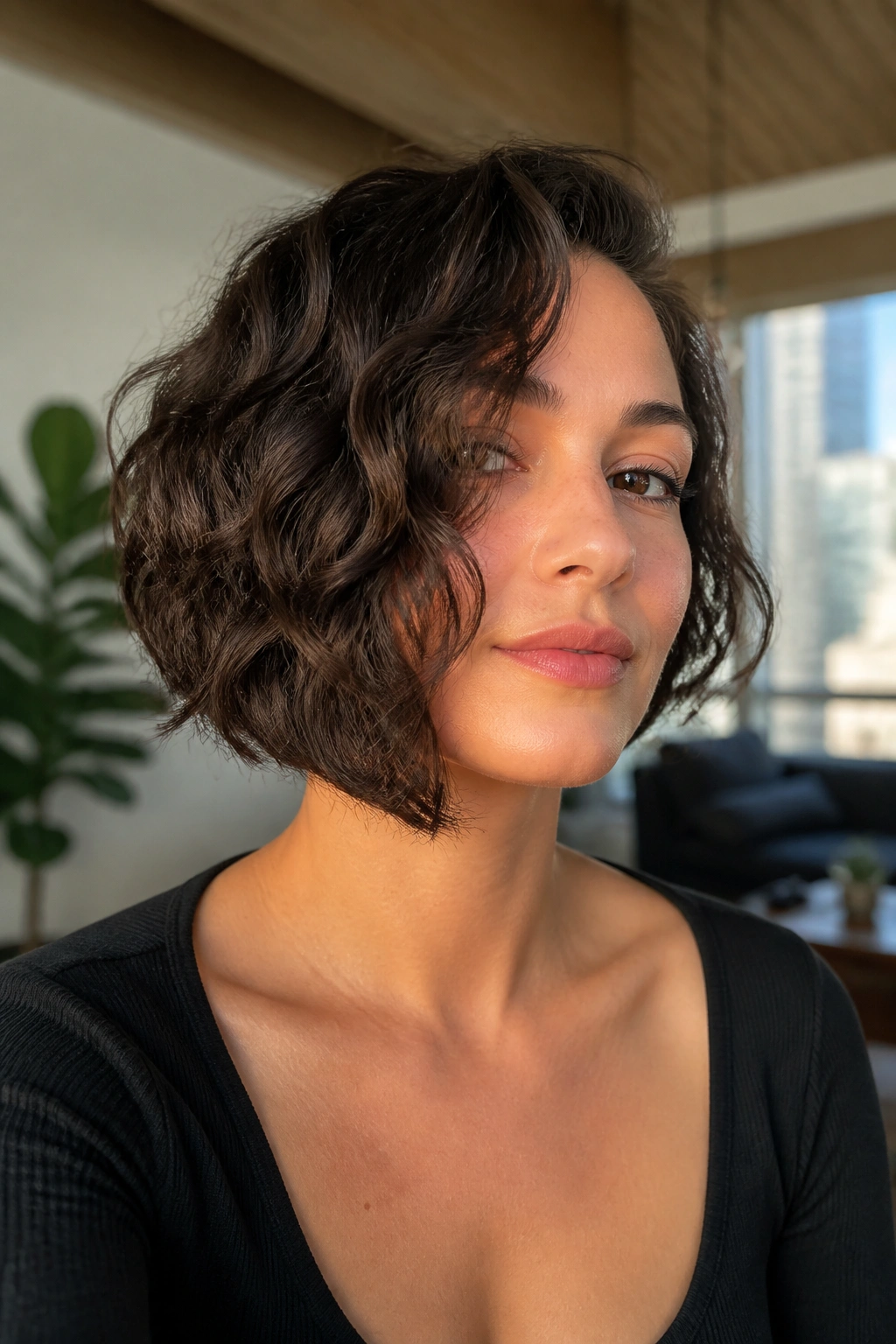 Real woman with blunt-edge asymmetrical curly bob.