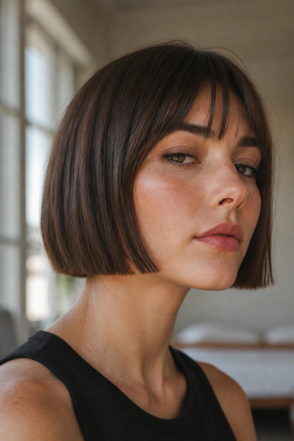 Portrait of a woman with a sharp blunt edge French bob