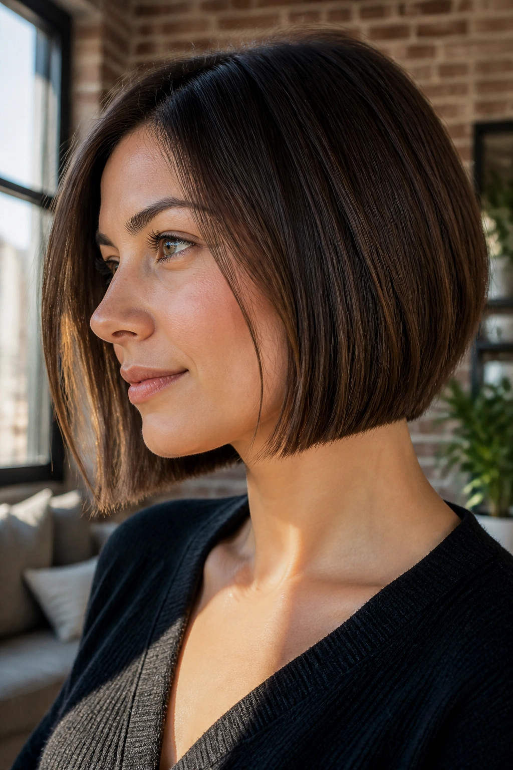 Real woman with blunt-edge long pixie bob