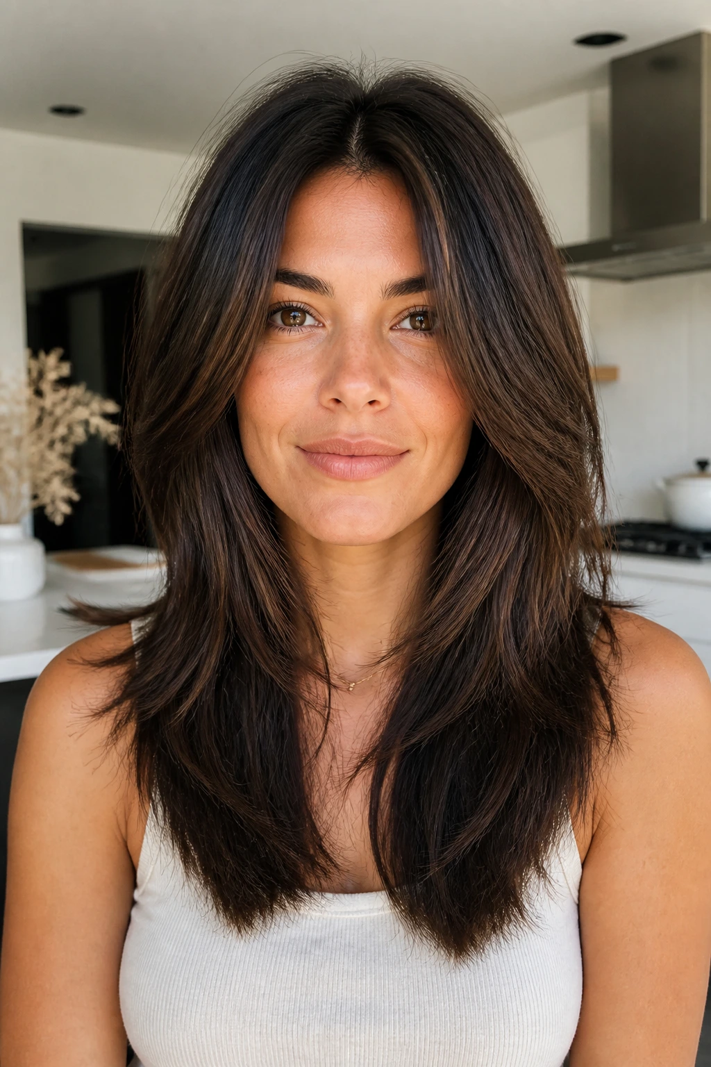 Close-up portrait of a woman with blunt-edge shag showing crisp ends