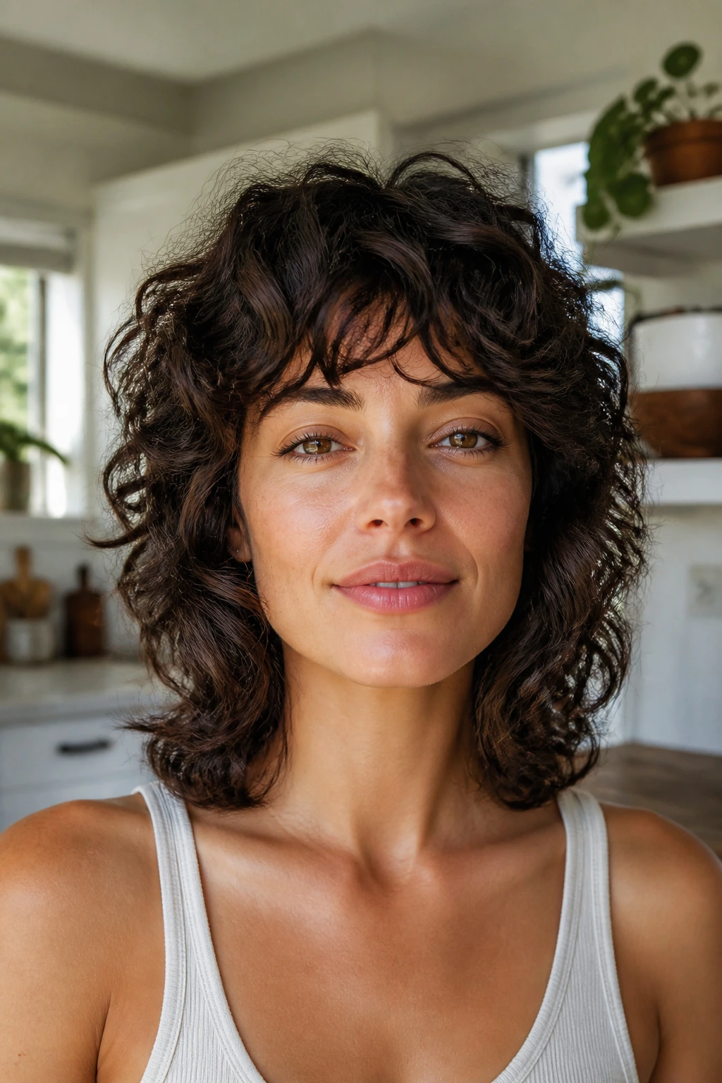 Close-up portrait of a real person with a blunt-edge curly shag