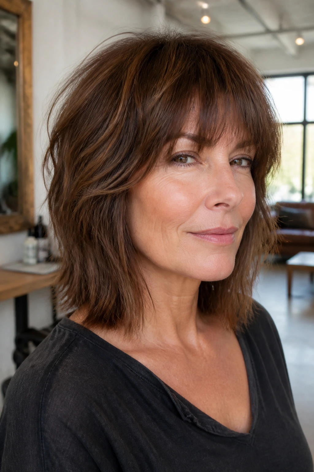 Close-up of a woman with blunt-edge shag hairstyle in a bright salon.