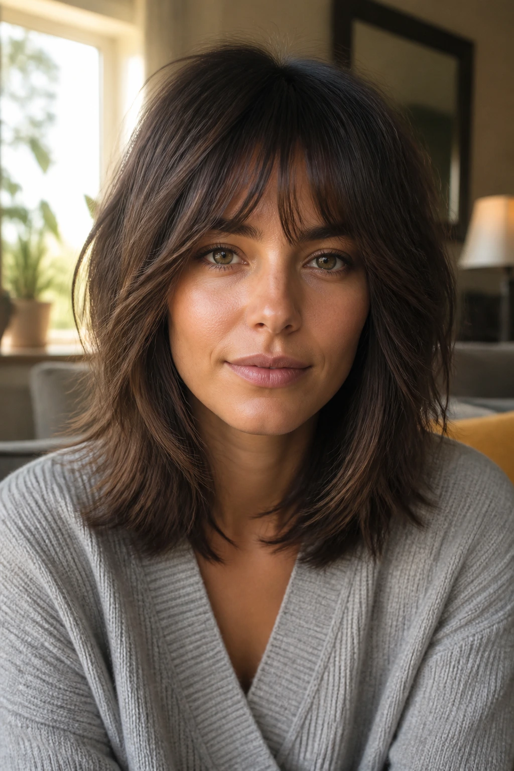 Close-up portrait of a real woman with soft blunt-edge shag displaying a thick perimeter and layered interior.