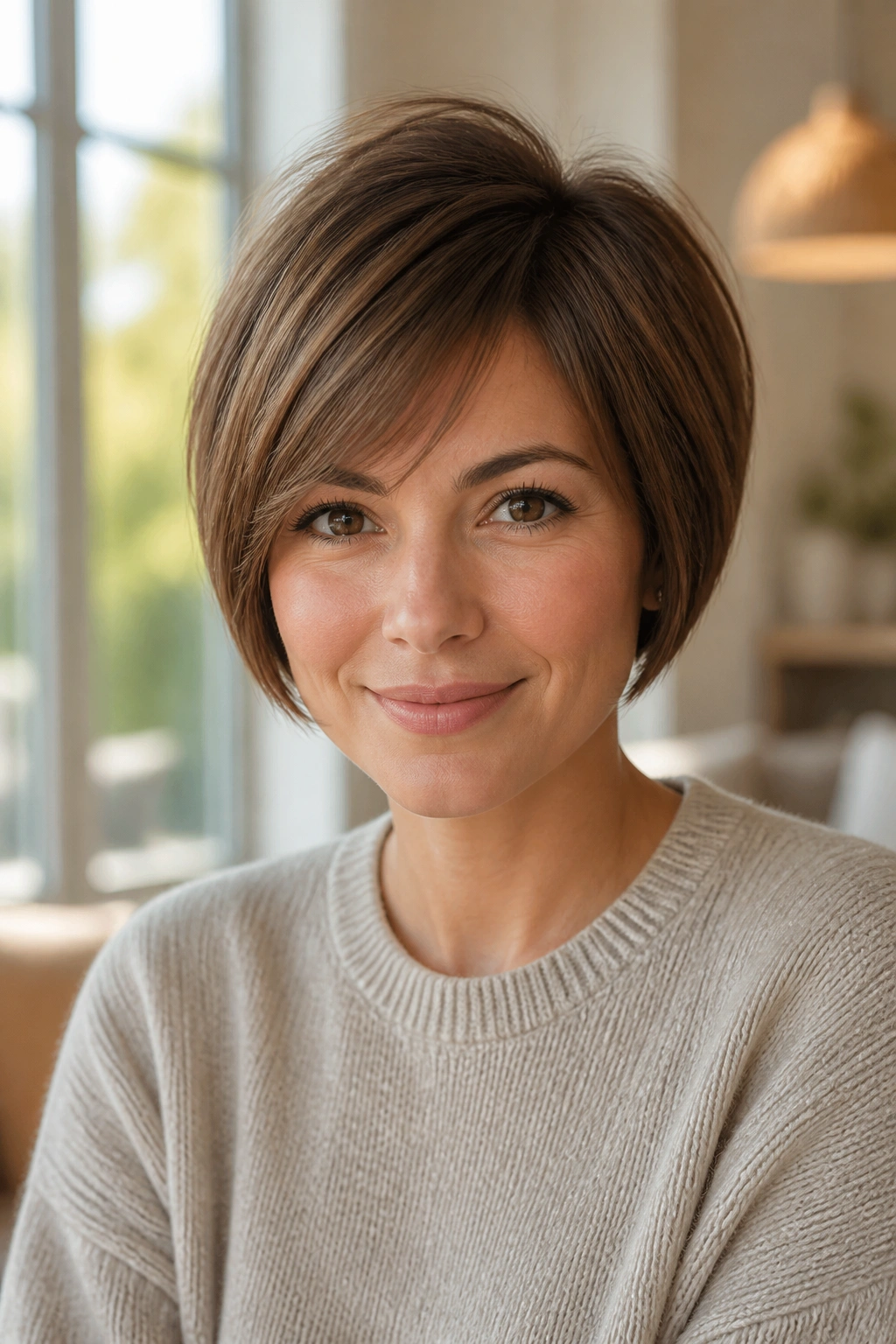 Close-up portrait of a real woman with blunt-edged pixie bob and soft crown in warm daylight