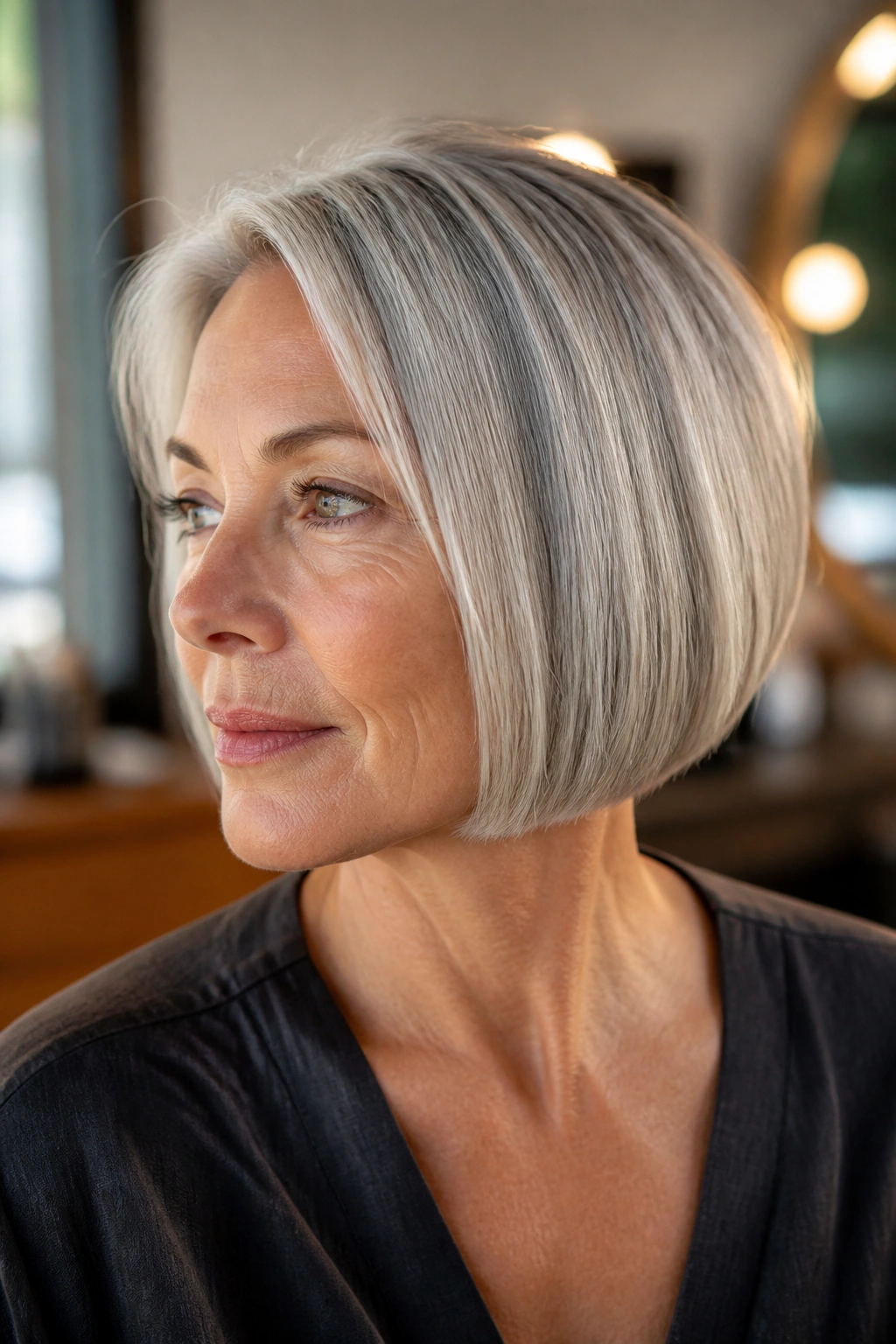 Older woman with a jaw-length blunt pixie bob under warm salon light