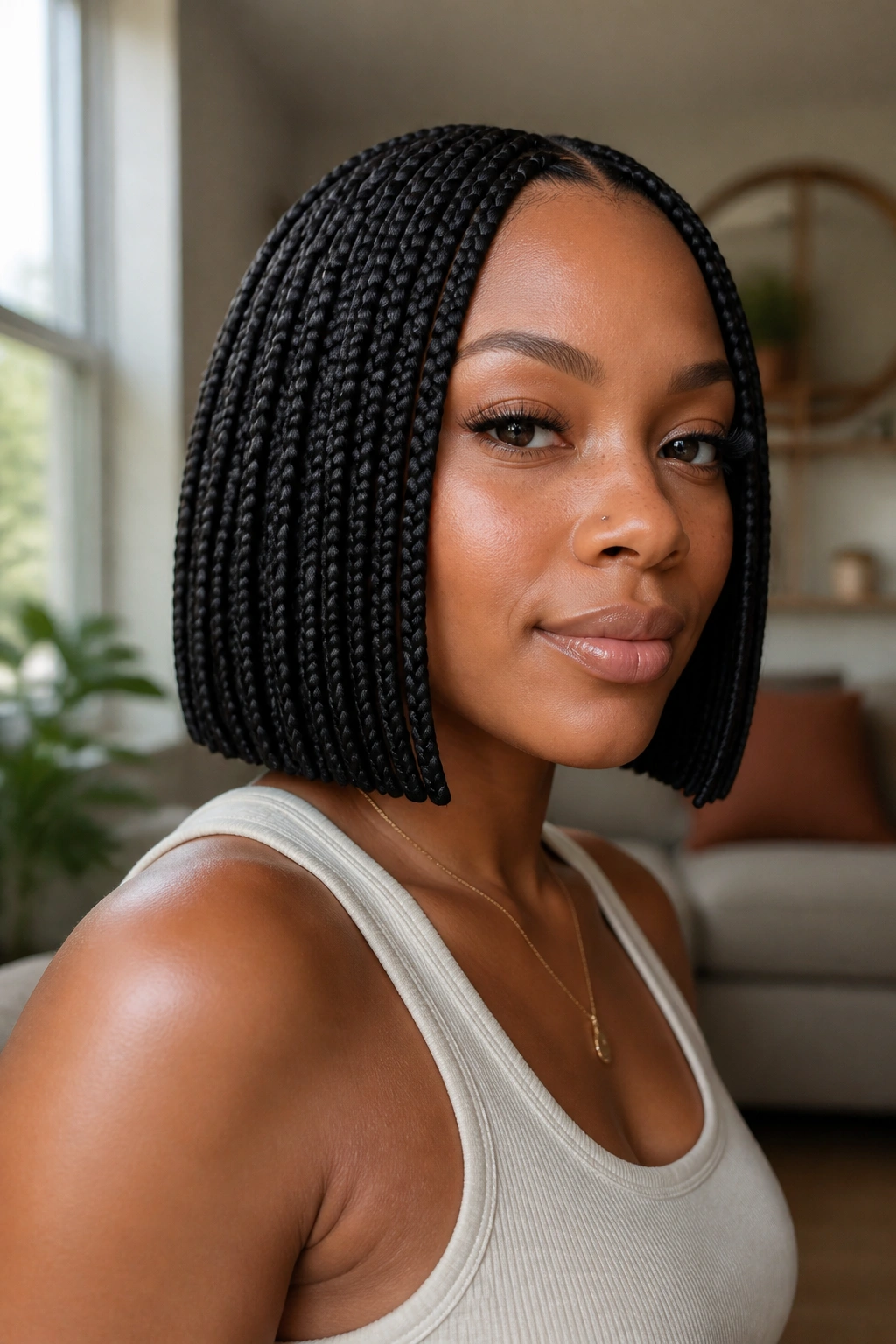 Close-up of a real woman with a blunt-ended braided bob featuring crisp, even ends