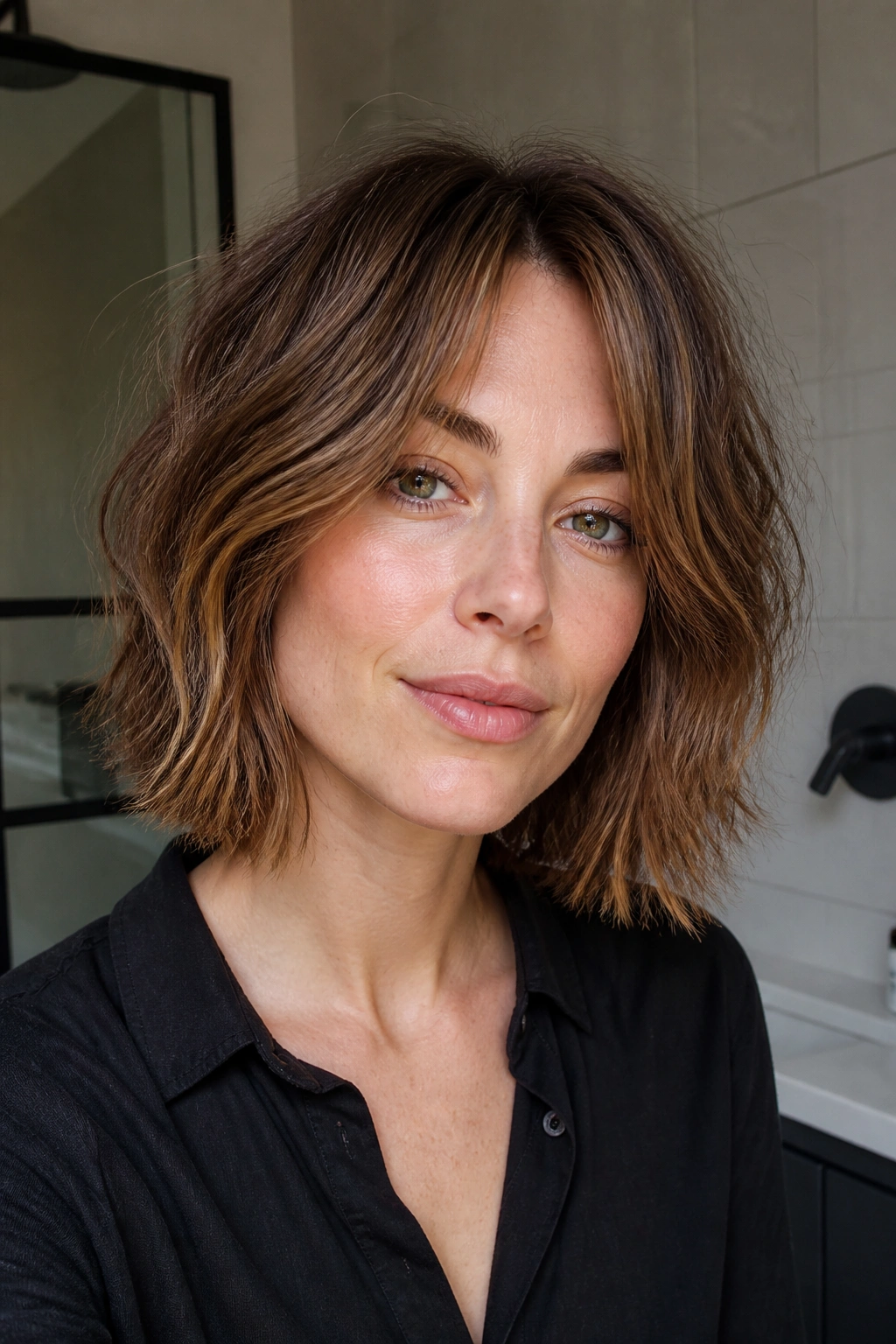 Real person with blunt-ended shag bob for fine waves, defined perimeter