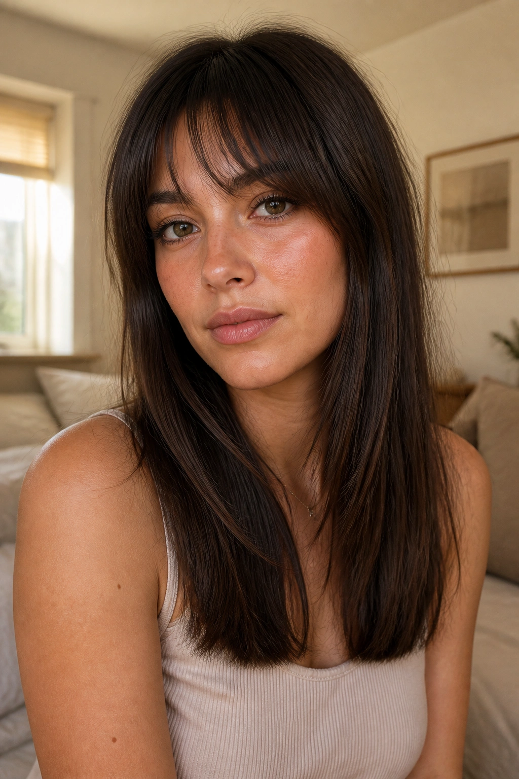 Close-up portrait of a real woman with blunt ends and soft bangs