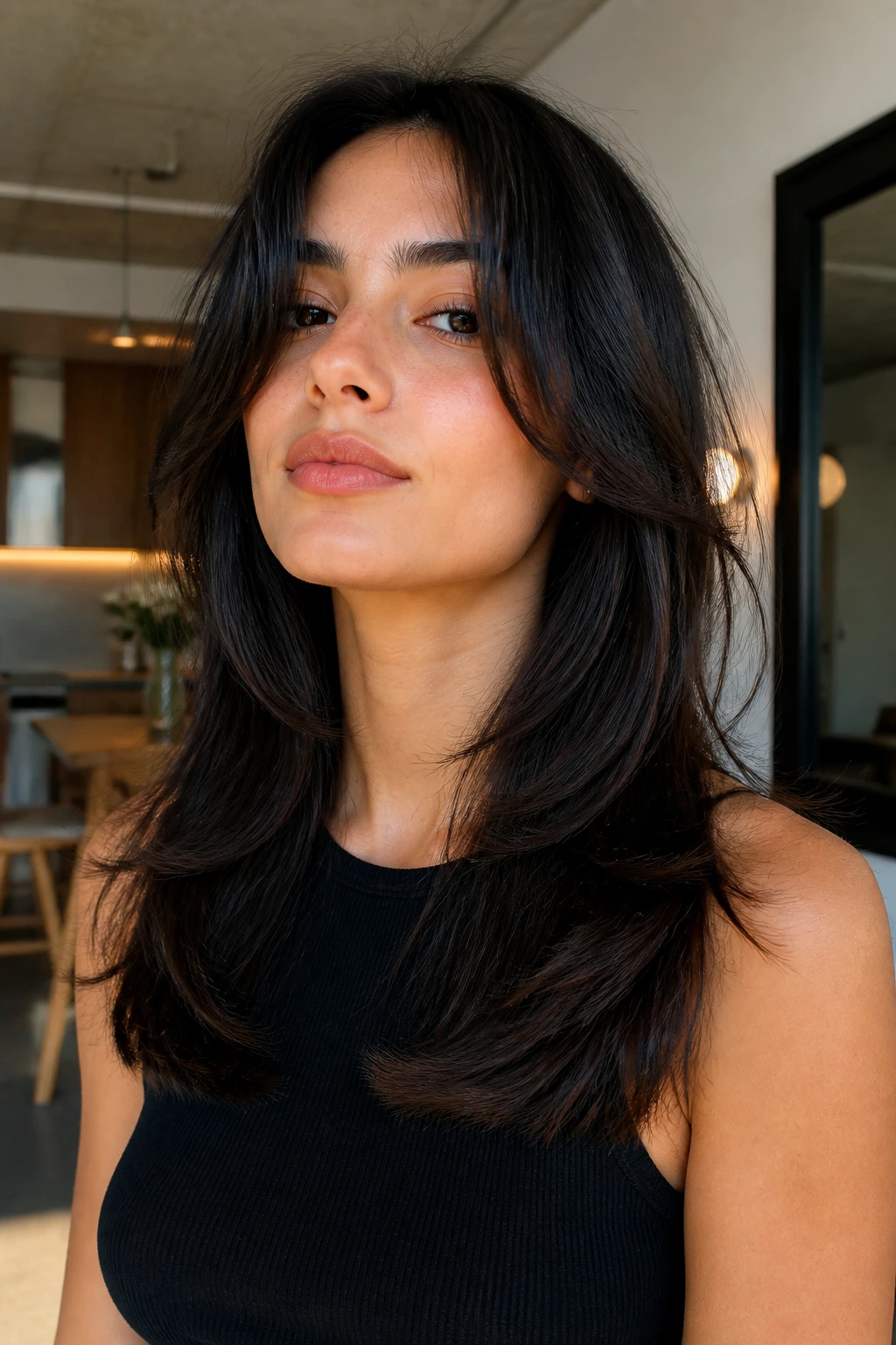 Close-up portrait of a real person with blunt-ends butterfly wolf cut