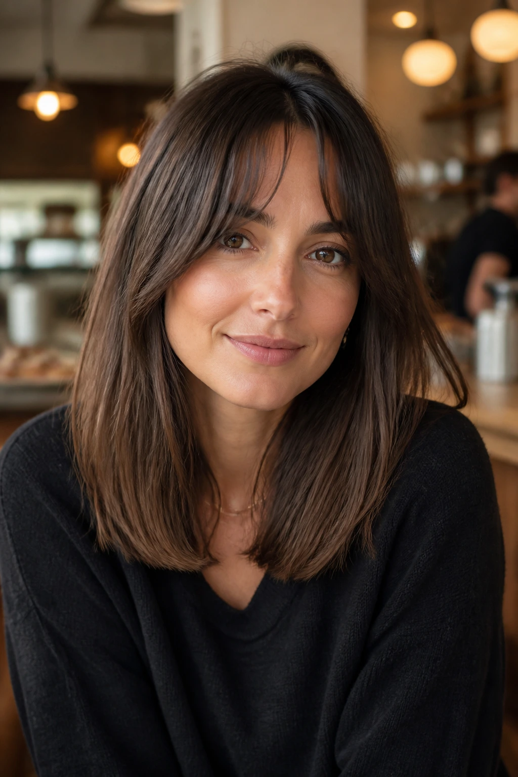Portrait of a woman with blunt ends and soft curtain bangs in a cozy setting