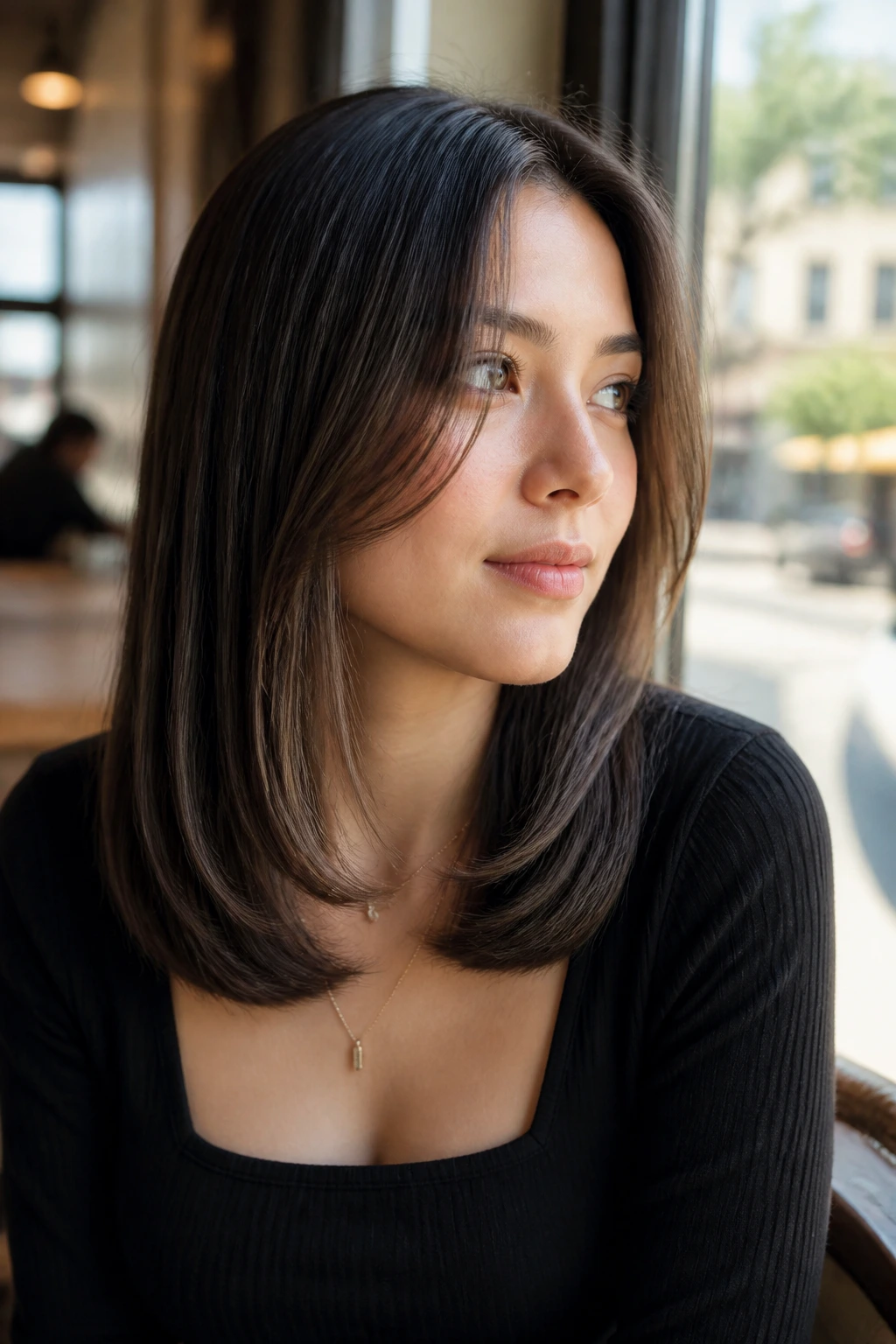 Portrait of a woman with blunt ends and a small front bend framing her face