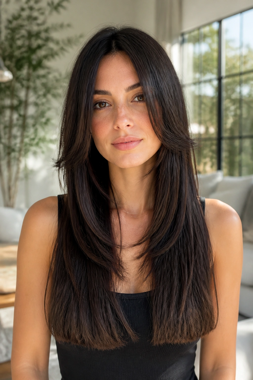 Close-up of a woman showing blunt ends with long layers in straight hair