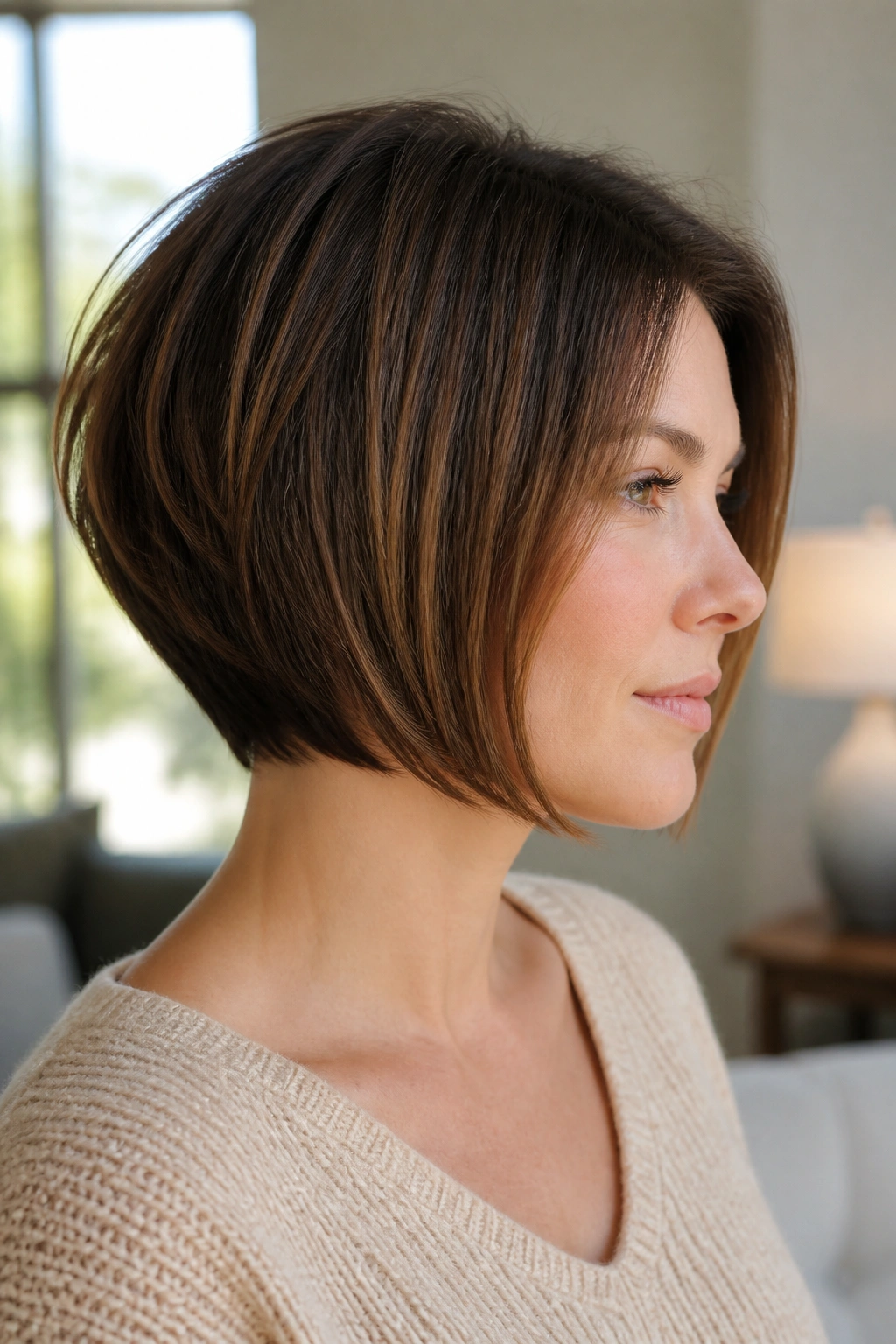 Close-up of a real woman with blunt ends and hidden layers in a stacked bob